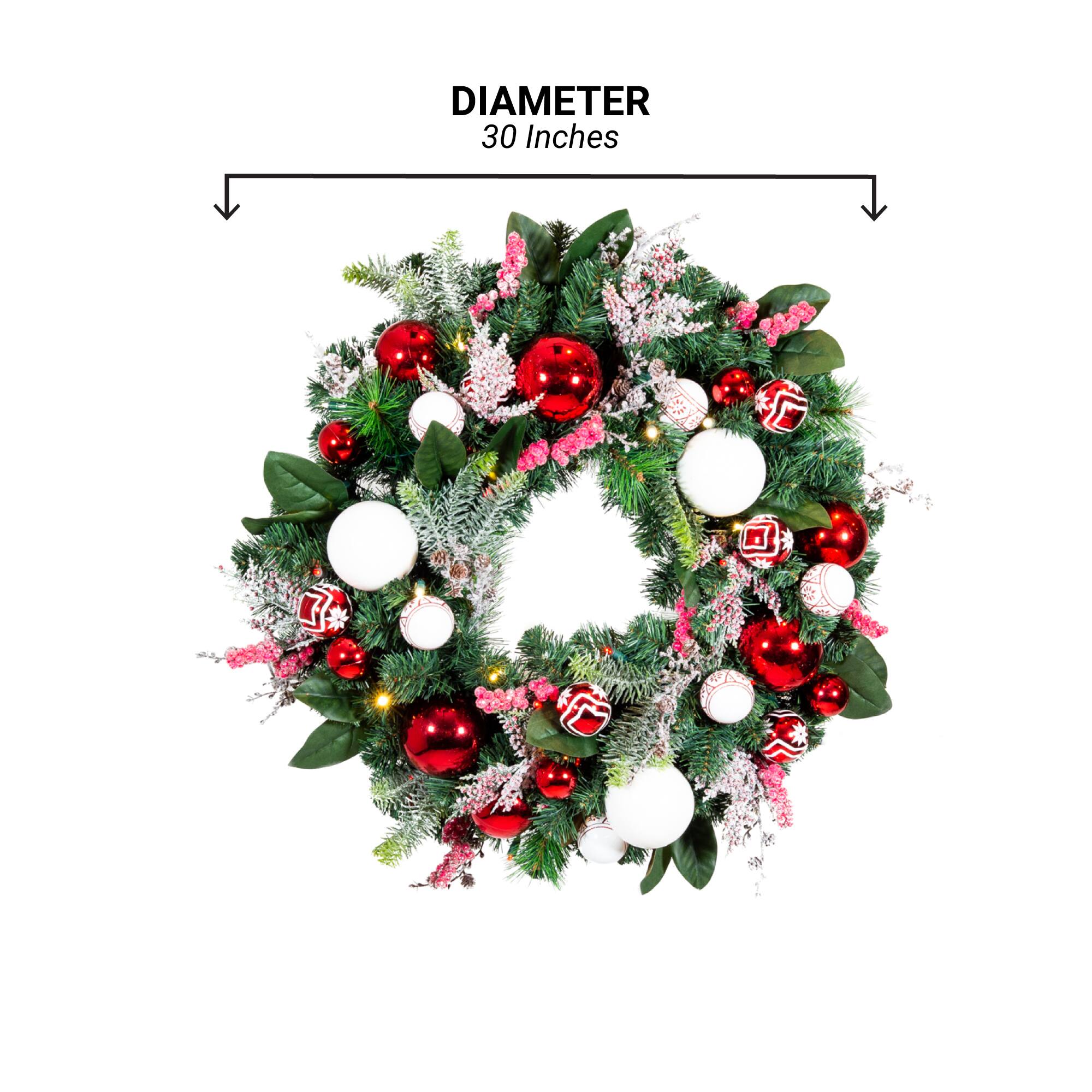 Village Lighting 30" Pre-Lit Nordic Christmas Wreath, Red & Clear LED Lights